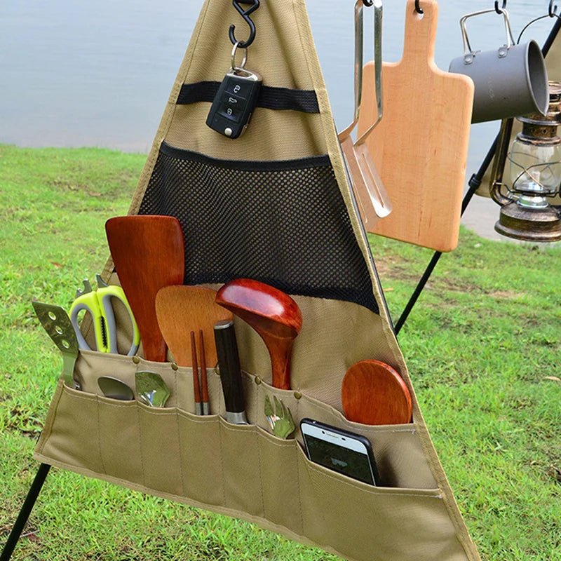 sac outils cuisine suspendu beige toile épaisse couteaux fourchettes cuillères éponge serviette camping barbecue
