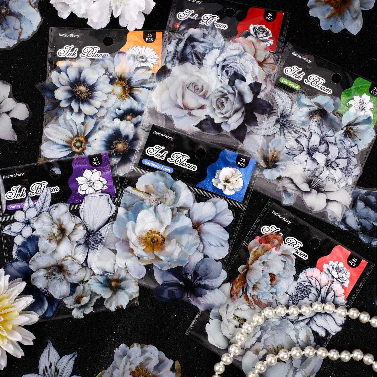 autocollants fleurs anémones roses adhésif bleu blanc doré élégants scrapbooking collage