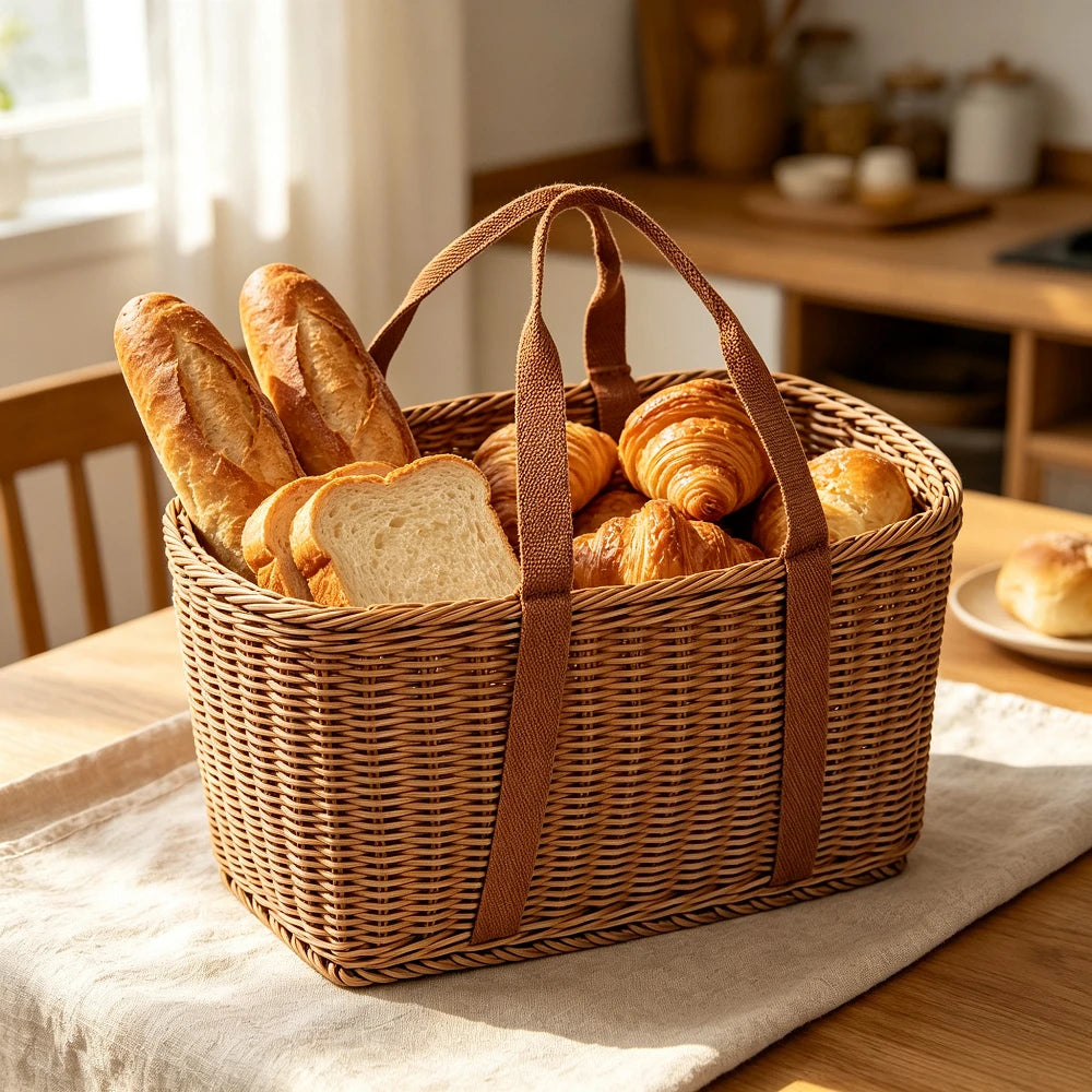 panier tressé marron clair poignées cuir réutilisable contenant fruits légumes intérieur extérieur vintage traditionnel