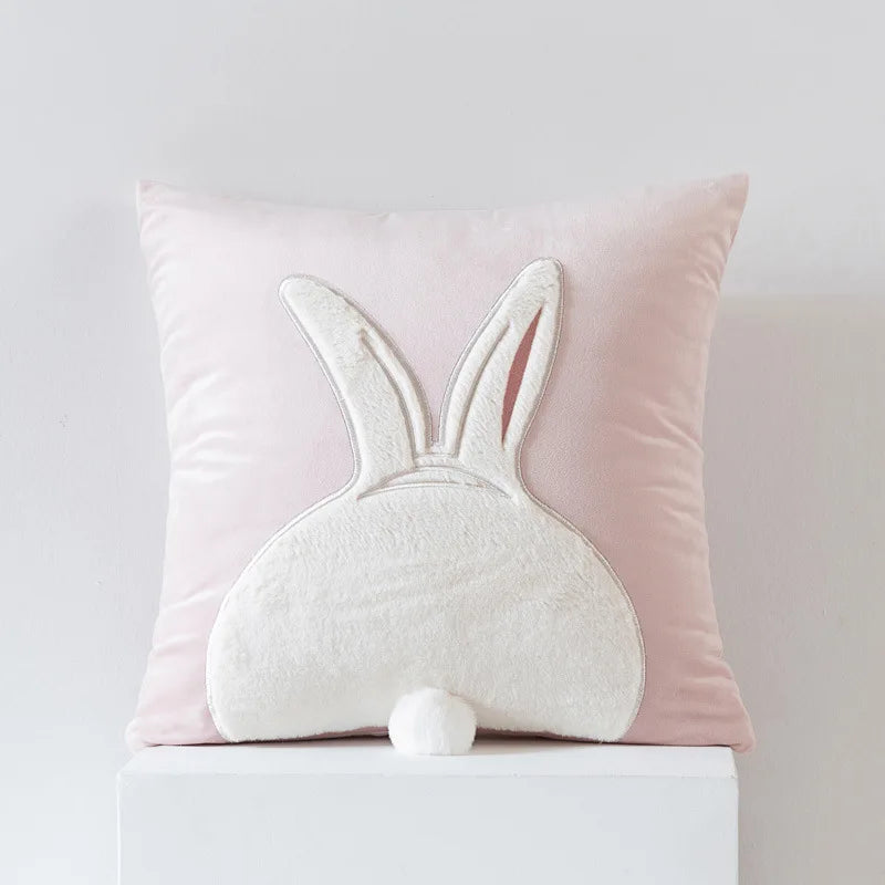 coussin gris clair motif lapin blanc mignon fermeture glissière ultra doux polyester coton jacquard