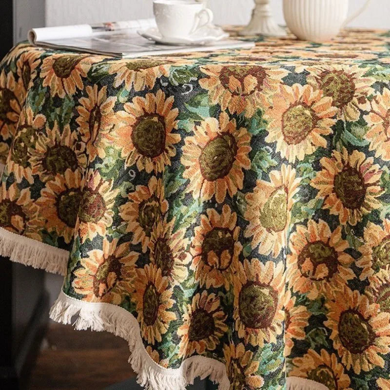 nappe table fleurs tournesol vert jaune beige classique rustique polyester réutilisable pâques noël