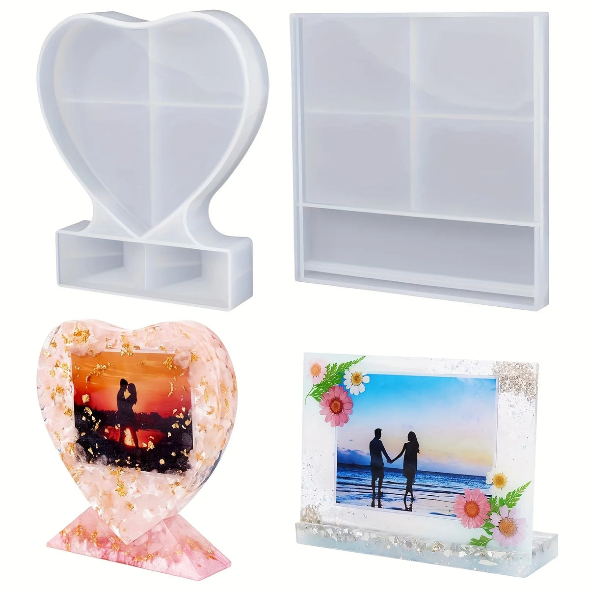 moules silicone résine cadre photo forme cœur rectangle décoratif paillettes motifs floraux