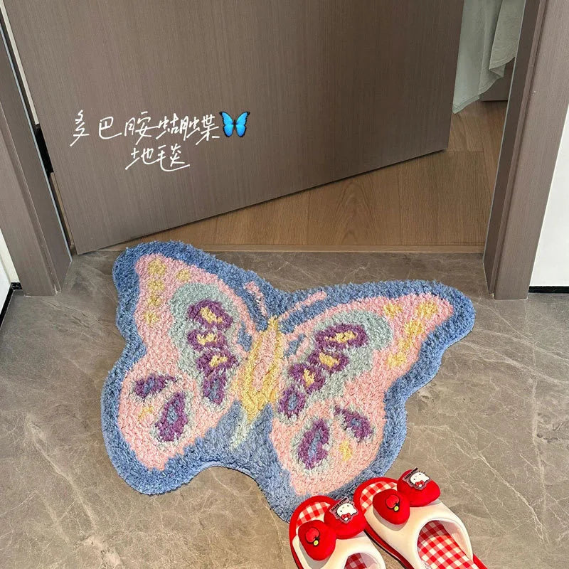 tapis moderne papillon polycolore bleu rose jaune violet blanc non slip facile entretien chambre
