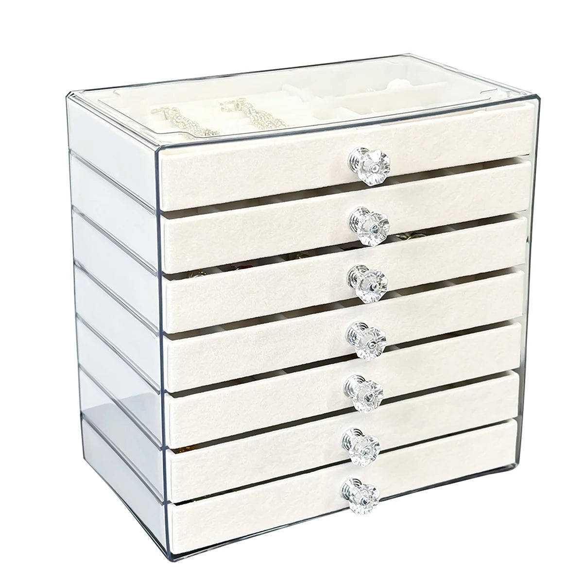 boîte rangement bijoux velours blanc moderne transparent poignées diamant boucles oreilles bracelets alliances