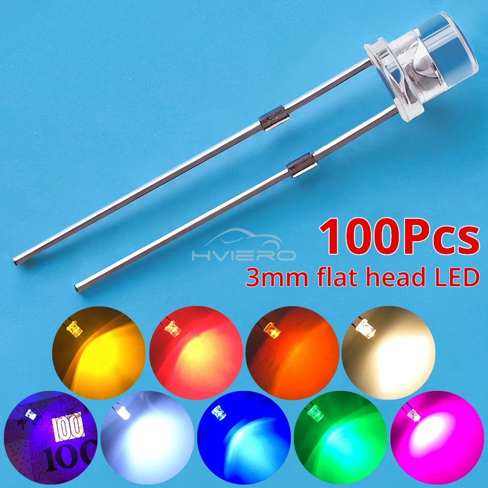 diodes led transparentes plate 3v 20ma blanc rouge jaune bleu vert 100pcs ultra lumineuses