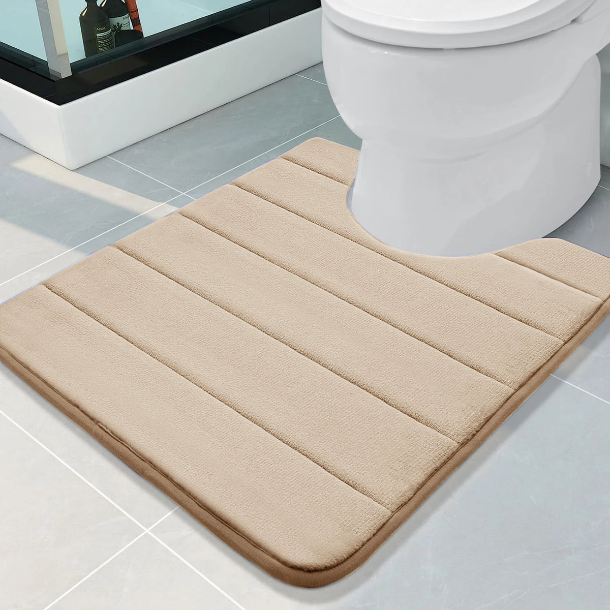 tapis toilette salle bain gris foncé rayures horizontales antidérapant mousse mémoire forme moderne confortable