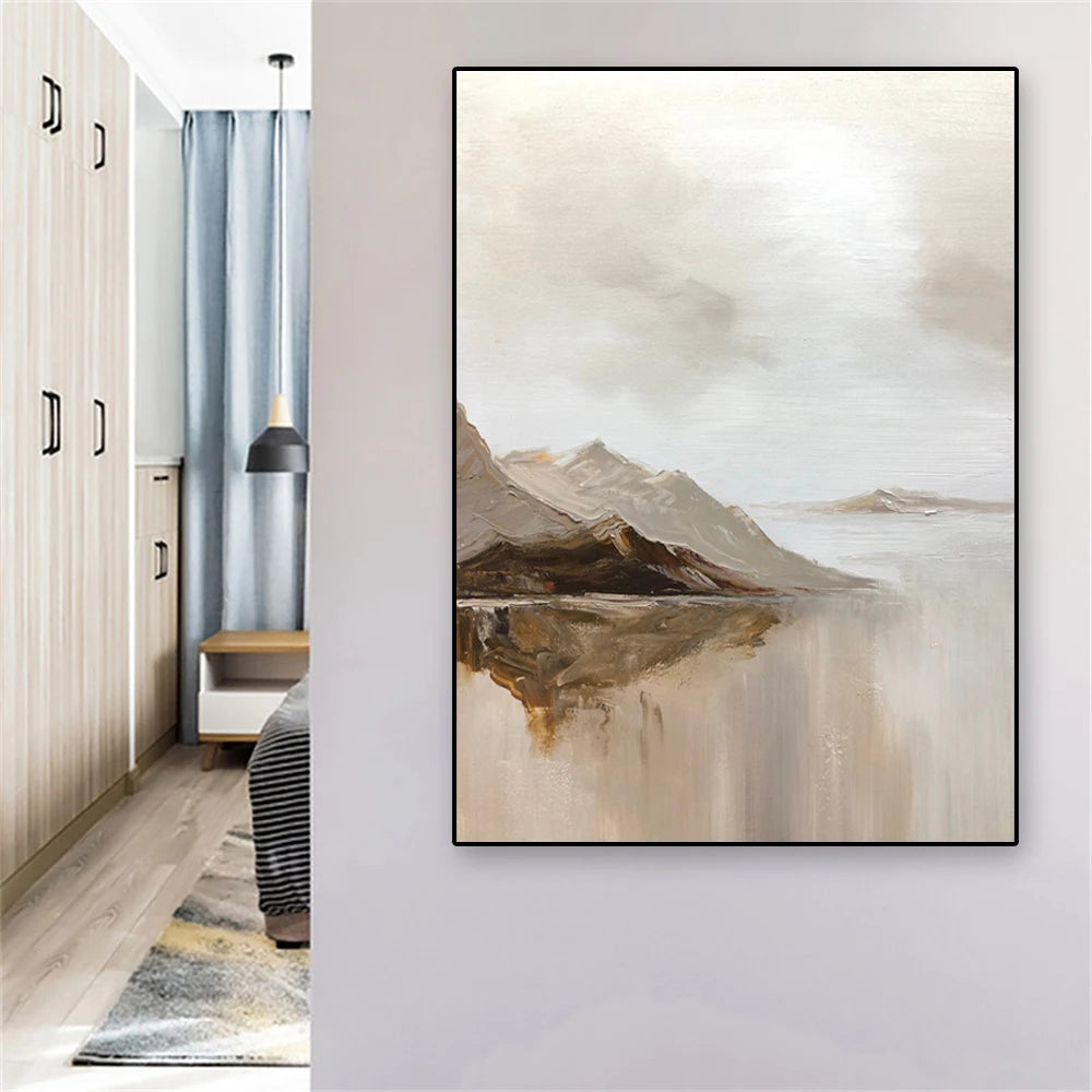 affiche abstraite paysage montagneux toile contemporaine beige marron salon chambre decoration mur vertical imprimeensoie