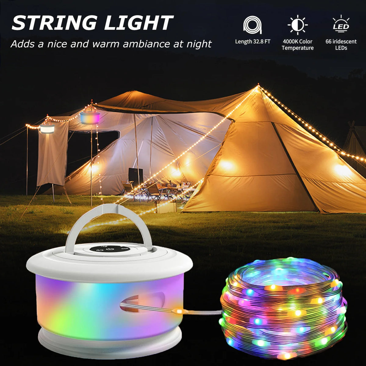guirlande lumineuse led multicolore lampe portable camping modes éclairage rechargeableextérieur