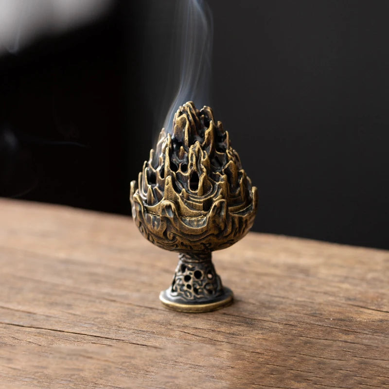 censer artisanal bronze ornementé motifs géométriques vintage floral deco maison
