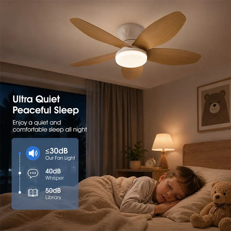 ventilateur blanc bois moderne lampe led télécommande vitesses silencieux chambre salon