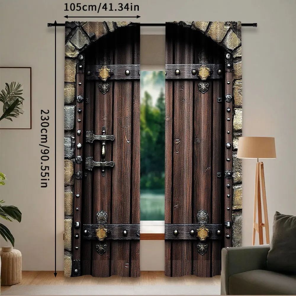 rideaux porte bois ferrures métal rustique deux panneaux marron beige gris vintageextérieur chambre salon