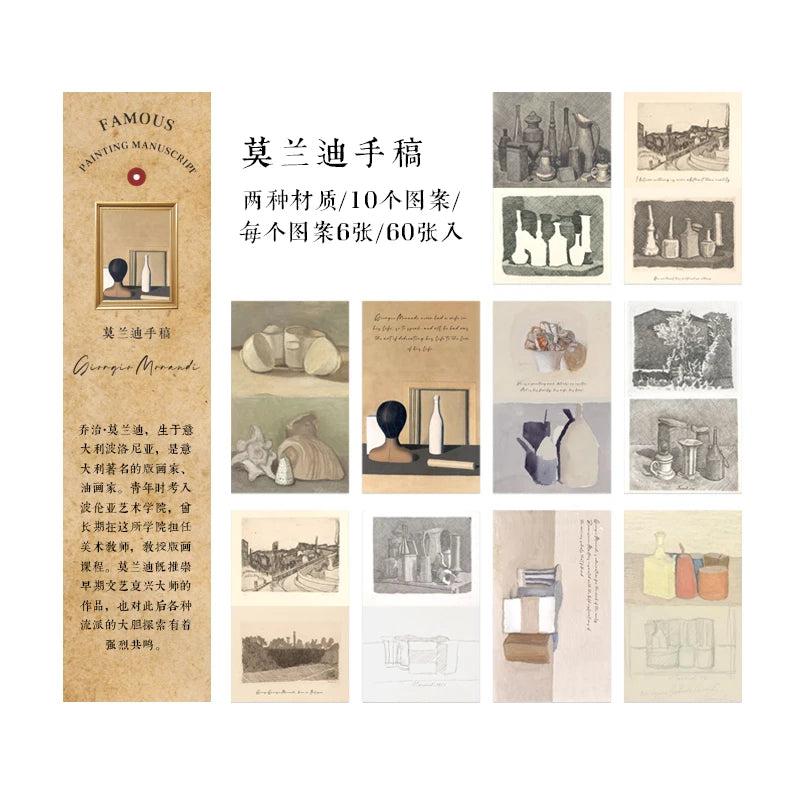 cartes postales artistes motifs monochromes dessins manuscrits peintres célèbres vintage lignes fines junk journal