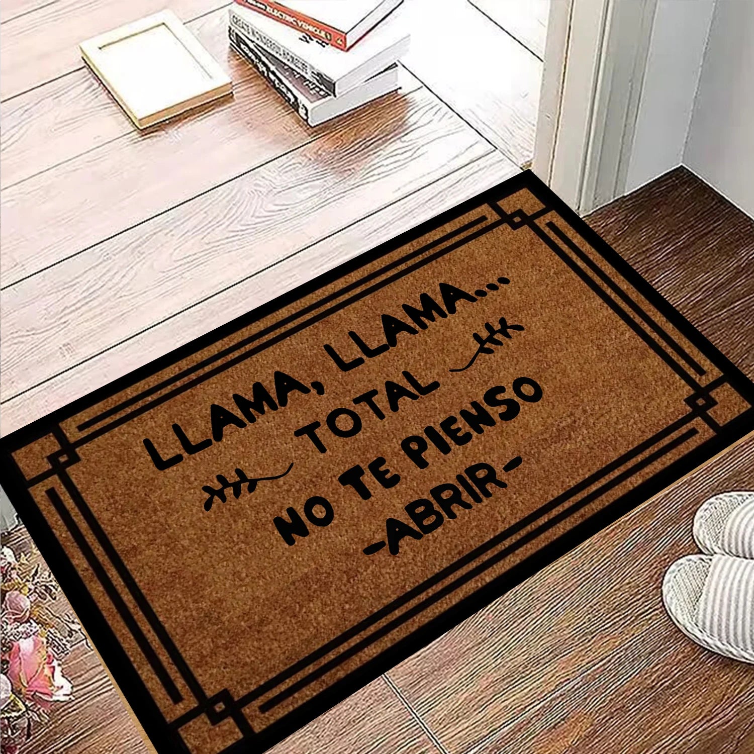 Détail du texte humoristique LLAMA LLAMA sur le tapis