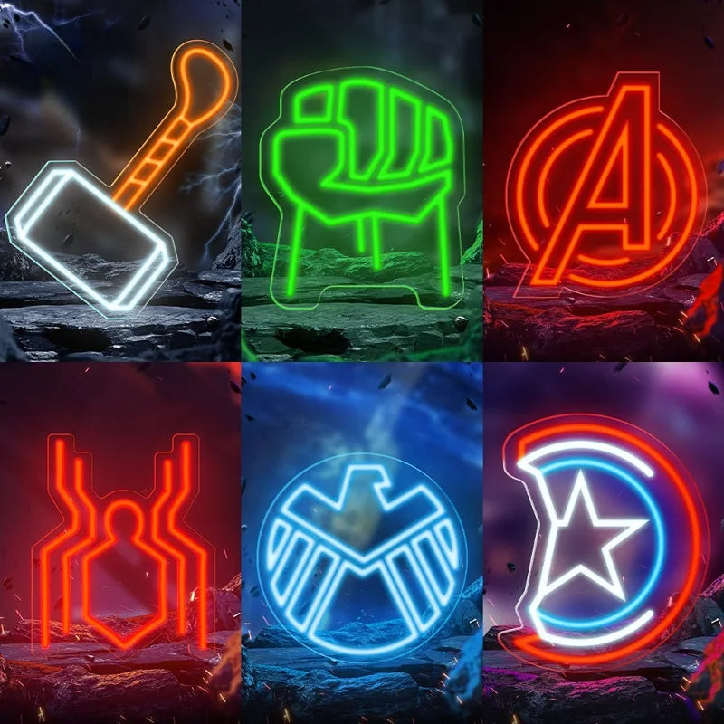 néons lumineux super héros modernes orange vert bleu blanc marteau poing étoile