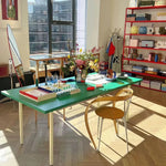 table moderne verre métal rectangle minimaliste pieds simples blanc vert bleu gris marron