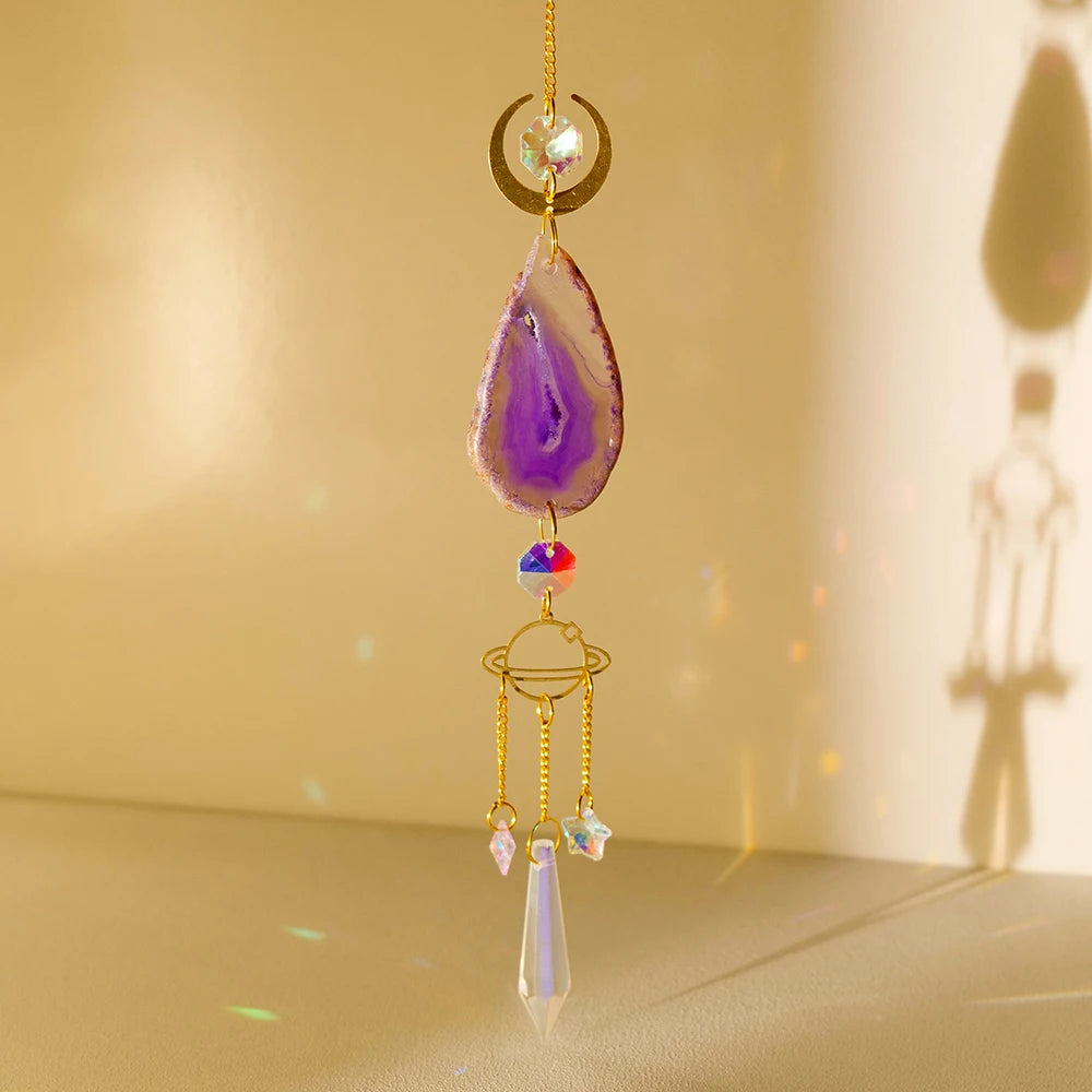 pendentif agate boho chic cristal multicolore opalescent lune soleil étoile