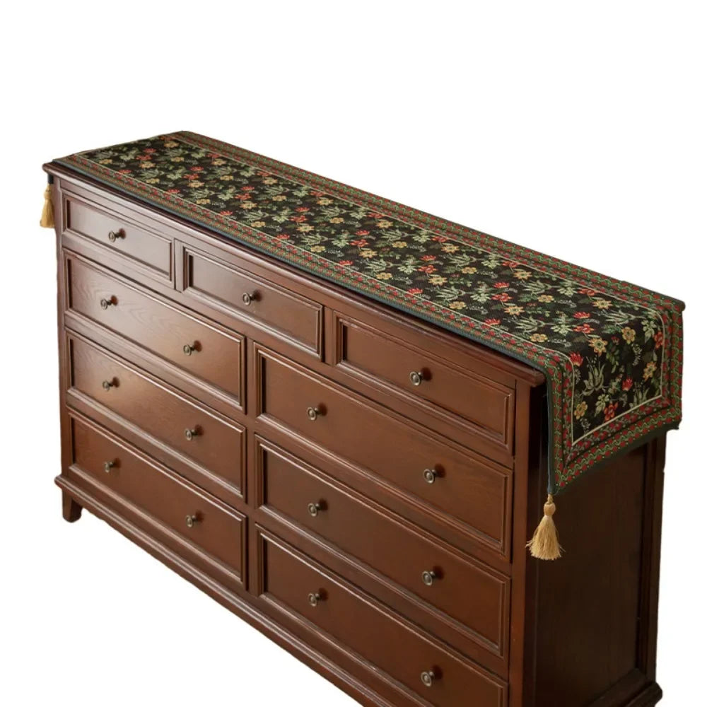 chemin table vintage fleurs pompons noir rouge vert classique coton polyester dîner maison festive