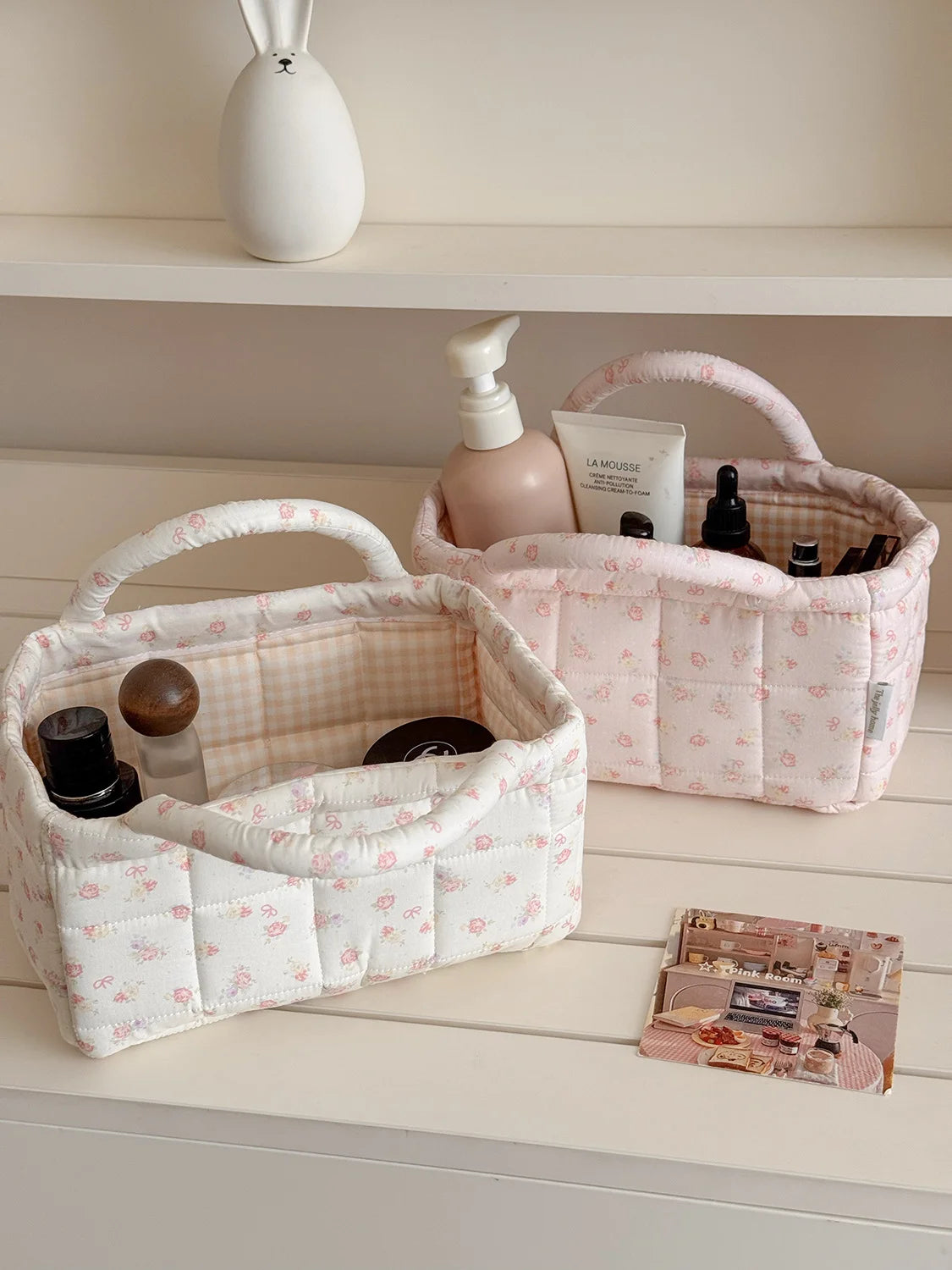 panier rangement matelassé floral rose blanc doux cosmétiques maquillage portable vintage