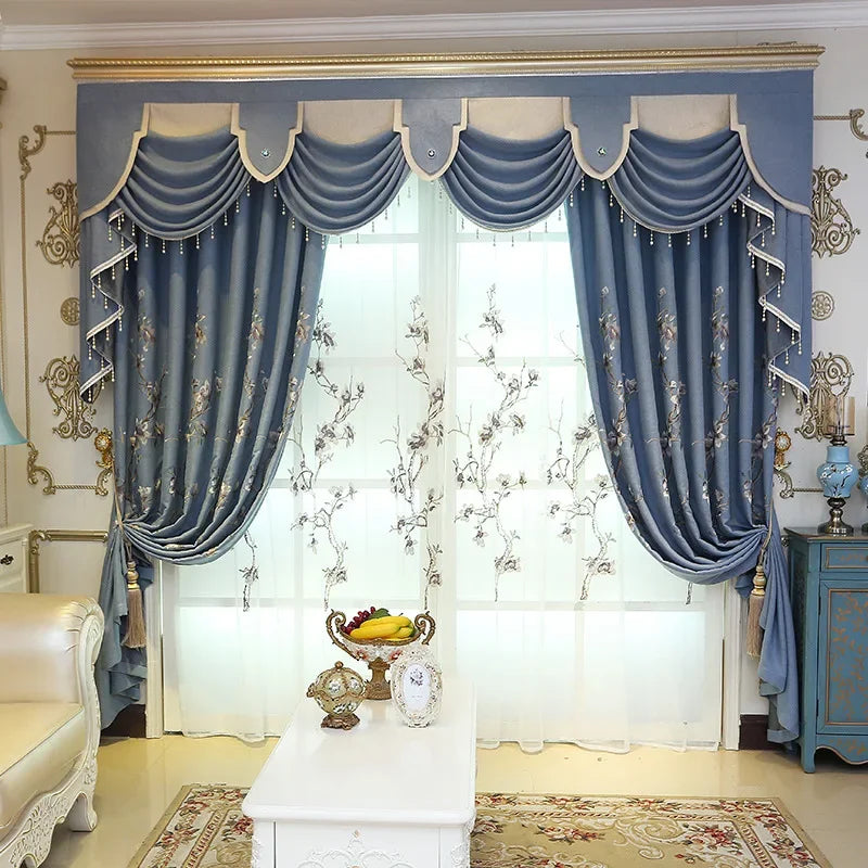rideau bleu brodé fleurs classique opaque maison bleu clair franges
