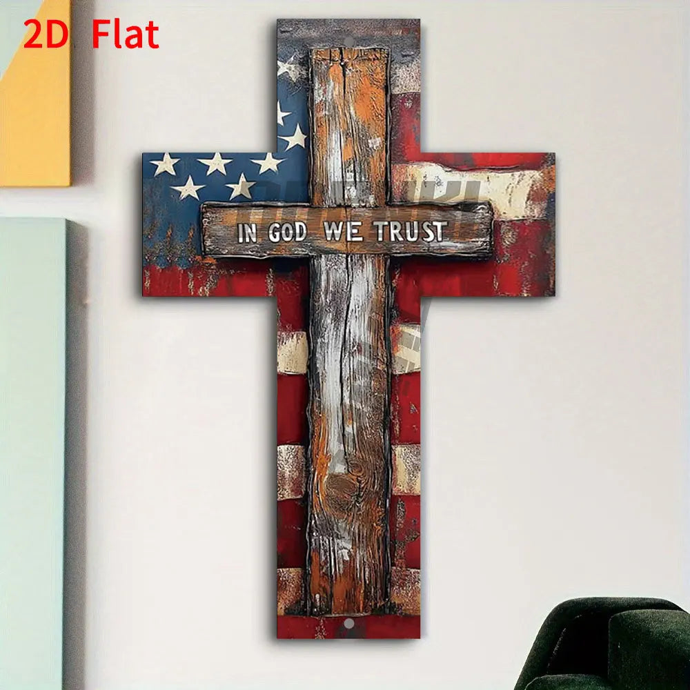 croix murale vintage drapeau américain rouge blanc bleu nous croyons dieu opacité rustique