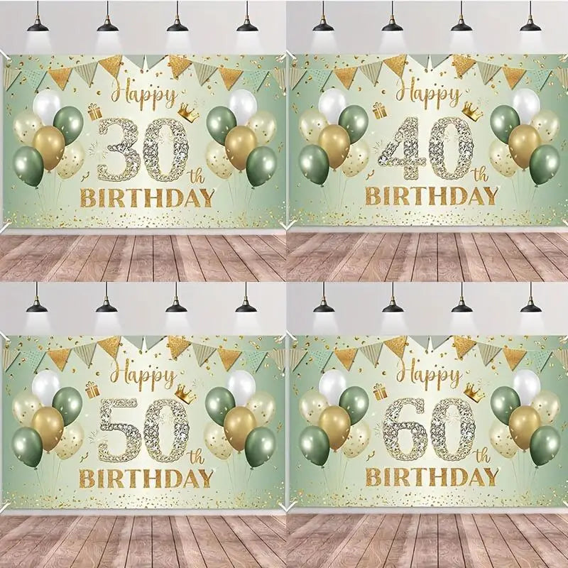 fond fête anniversaire vert doré imprimé brillant ballons confettis couronnes cadeaux corde fixation 125x80cm