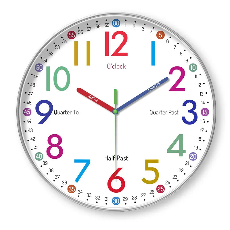 horloge murale moderne enfants chiffres colorés fond blanc cadre argenté silencieuse salon chambre