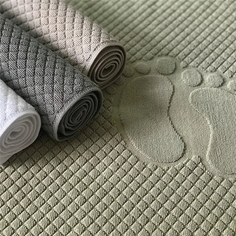 tapis bain coton absorbant motif pieds moderne vert clair gris bleu clair