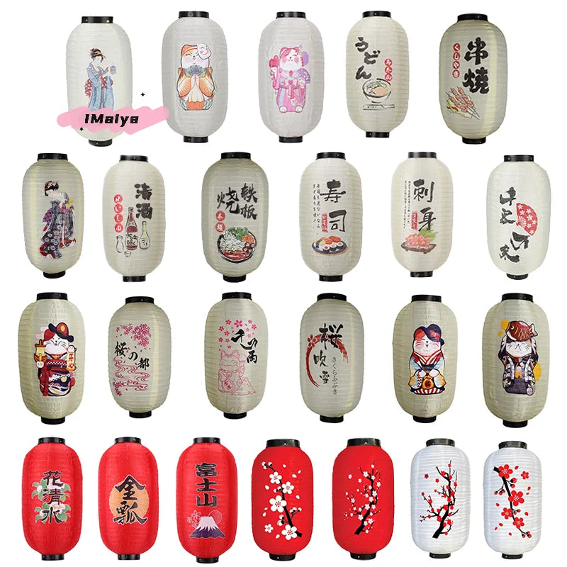 lanterne japonaise traditionnelle papier blanc rouge motif sakura chat mont fuji décoration suspension