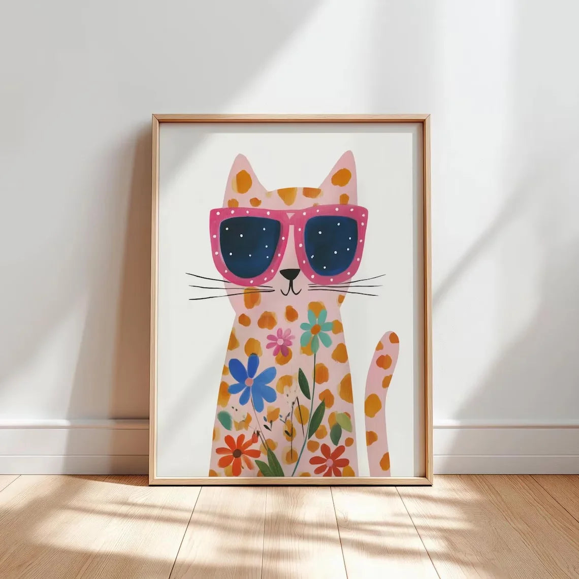 affiche murale chat lunettes fleurs colorée moderne blanche rose bleue verte orange jaune rougeviolette
