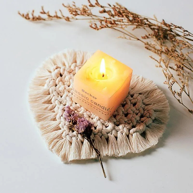 coasters tissu spirale tissée franges bohême artisanal couleur beige domestique utilisation protection table