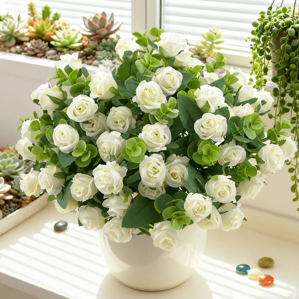 décoration intérieure bouquet roses feuilles eucalyptus moderne opacité fixations tringle occasion mariage anniversaire
