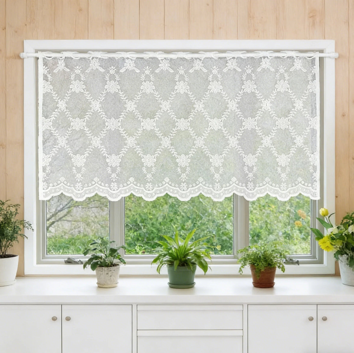 rideau blanc dentelle motifs floraux classique translucide cuisine salon decoration maison 140x60cm polyester Jacquard