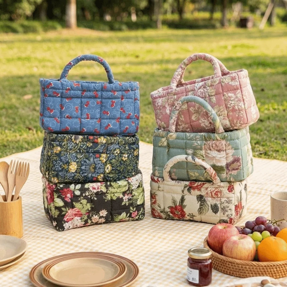 sac main fleur bleu vert beige réutilisable poignées vintage opacité multifonction portable