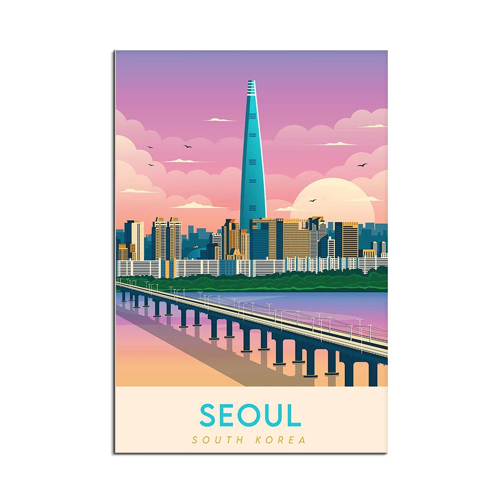 Illustration représentant la skyline de Séoul en Corée du Sud, avec son célèbre gratte-ciel bleu, des bâtiments modernes, un ciel rose et orange, et un pont enjambant un plan d'eau.