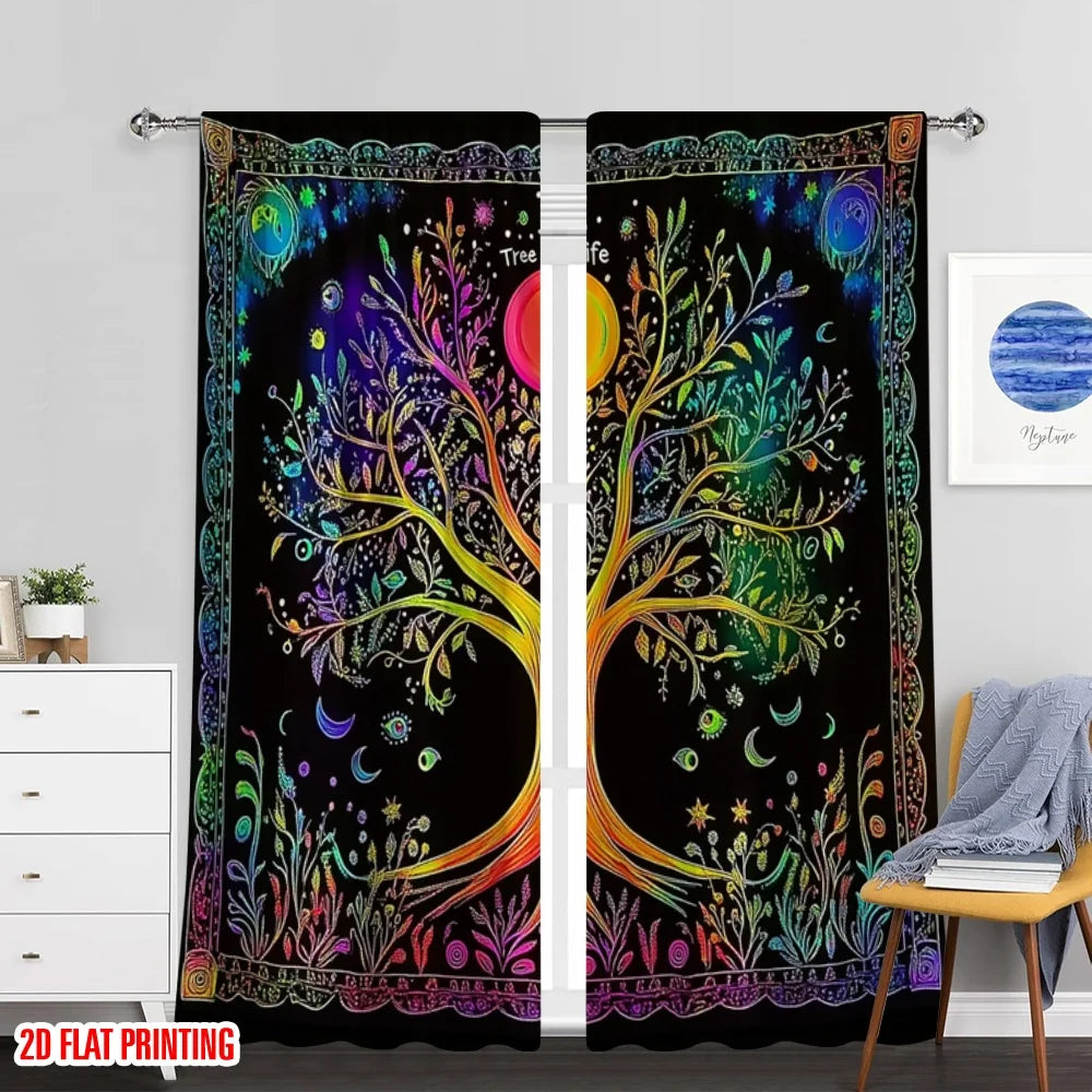 rideau boho arbre vie noir rouge orange jaune vert bleu violet floral opacité classique