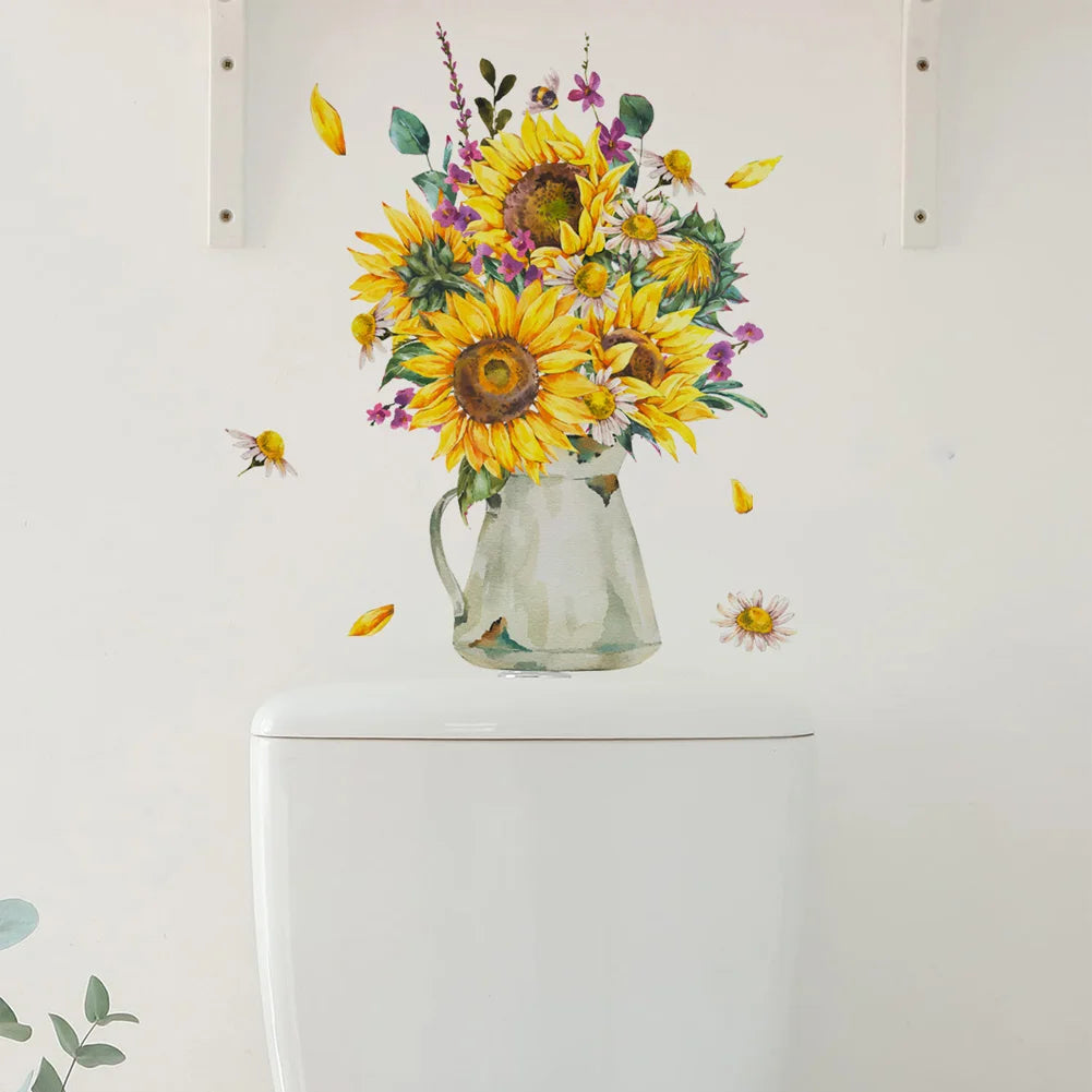 autocollant floral tournesol vase décoration mur toilettes aquarelle illustré abeilles fleurs naturellements inclusion plantes