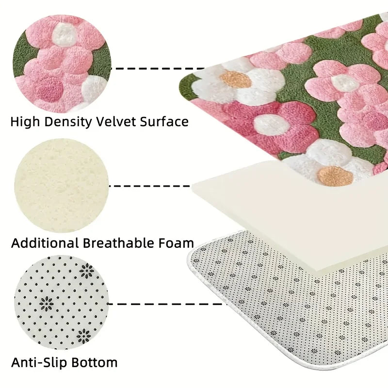 tapis bain doux fleurs imprimées anti dérapant moderne vert rose blanc
