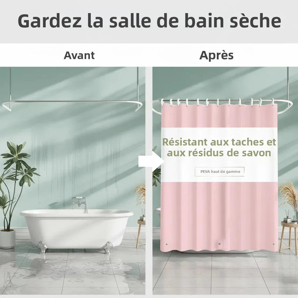 rideau douche rose clair rayures horizontales moderne aimants opaques résistants