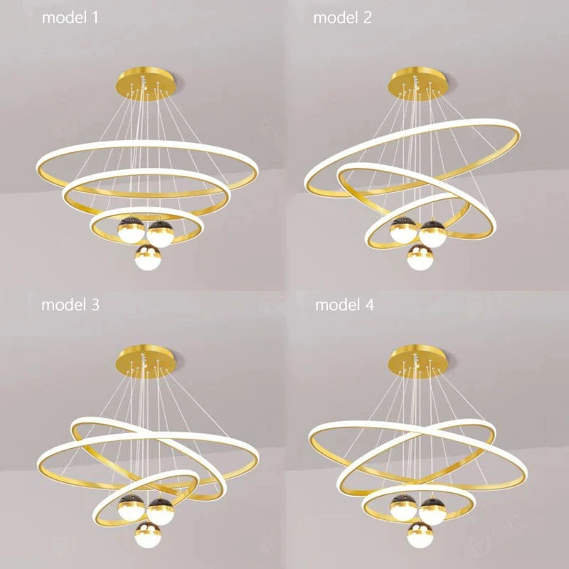 suspension lumineuse moderne or blanc anneaux superposés intérieur chambre salon