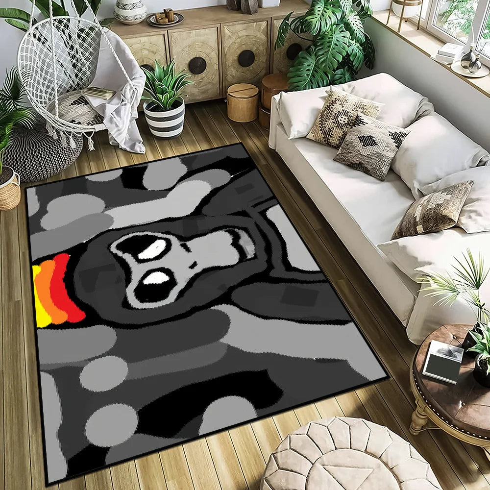 tapis gris noir blanc motif personnage moderne salon antidérapant résistant