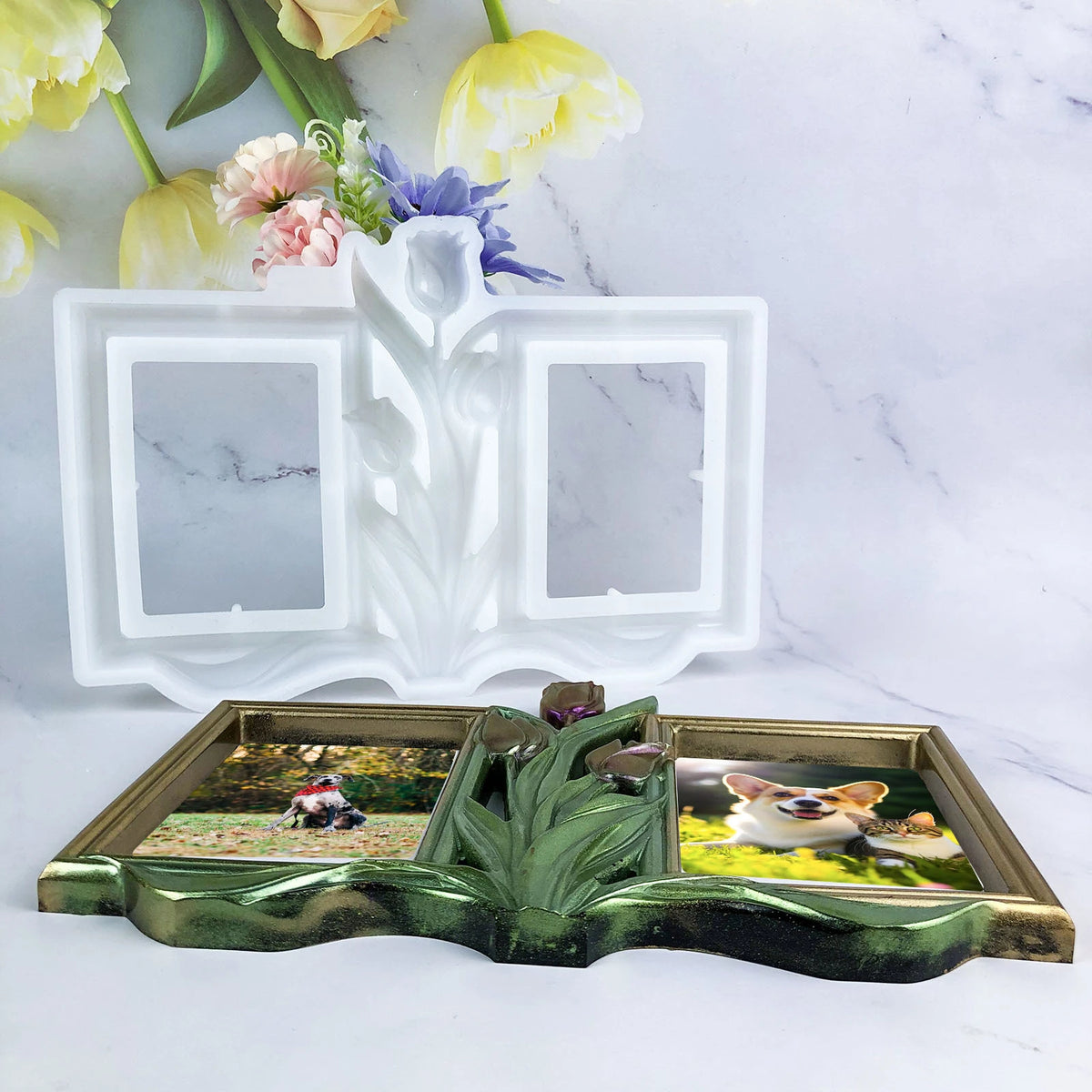 cadre photo tulipes fleurs motif floral classique élégant blanc doré vert adhésif deco maison