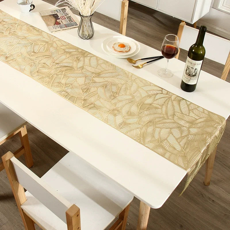 table chevet moderne chemin table motifs végétaux feuilles or blanc semi transparent