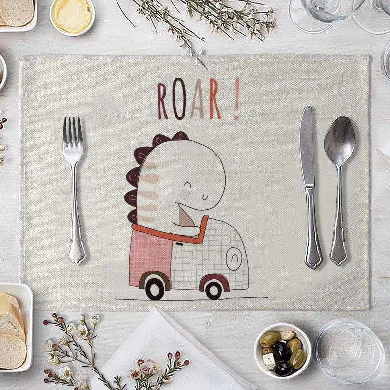 tapis table rectangulaire lin beige motif renard ours fleurs enfant cuisine