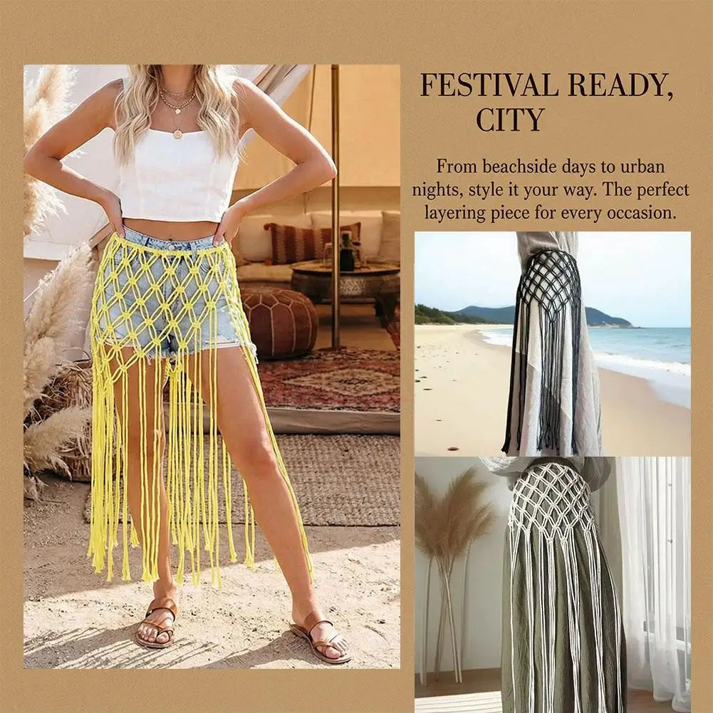 ceinture boho chic macramé franges pompons femme solides couleurs noire blanche rose jaune verte