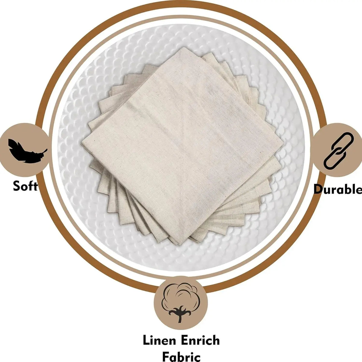 Cette image montre un empilement de serviettes en lin beige, entouré d'un cercle doré qui met en évidence les qualités "doux" et "durable" du textile. L'image transmet l'idée d'un tissu de lin de haute qualité, conçu pour offrir une expérience confortable et une longévité dans l'utilisation.