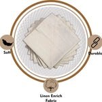 Cette image montre un empilement de serviettes en lin beige, entouré d'un cercle doré qui met en évidence les qualités "doux" et "durable" du textile. L'image transmet l'idée d'un tissu de lin de haute qualité, conçu pour offrir une expérience confortable et une longévité dans l'utilisation.