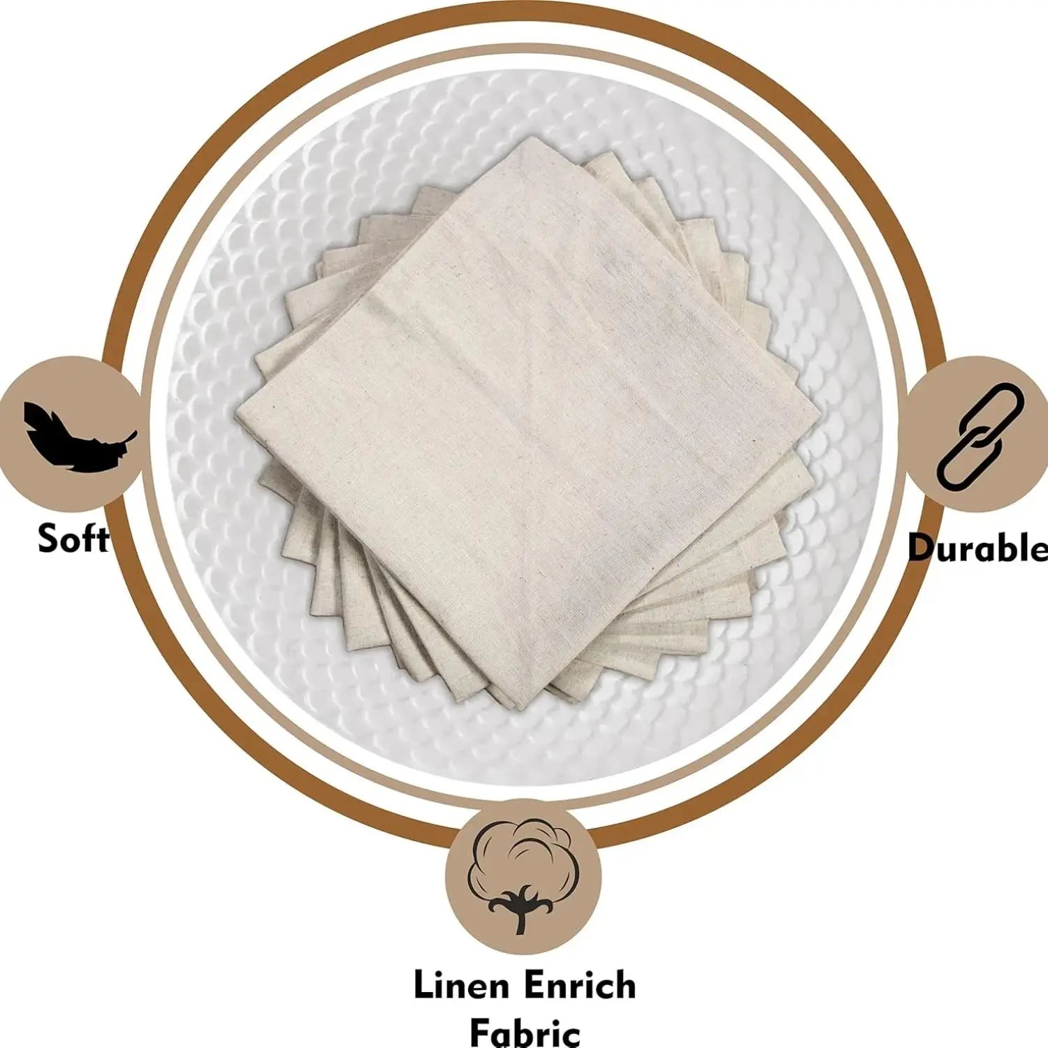 Cette image montre un empilement de serviettes en lin beige, entouré d'un cercle doré qui met en évidence les qualités "doux" et "durable" du textile. L'image transmet l'idée d'un tissu de lin de haute qualité, conçu pour offrir une expérience confortable et une longévité dans l'utilisation.