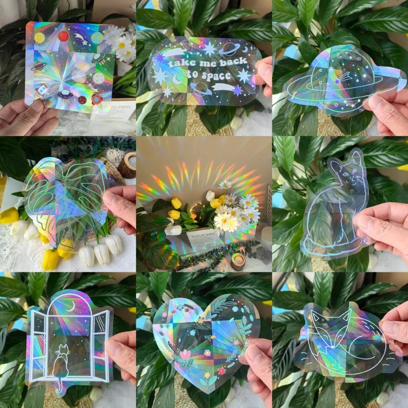 étiquettes solaires holographiques transparentes motifs planètes chats soleils modernes adhésives blanches minimalistes