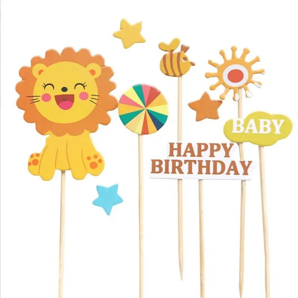 décorations gâteau happy birthday multicolore nounours chapeau banderoles géométriques festives piquées bois
