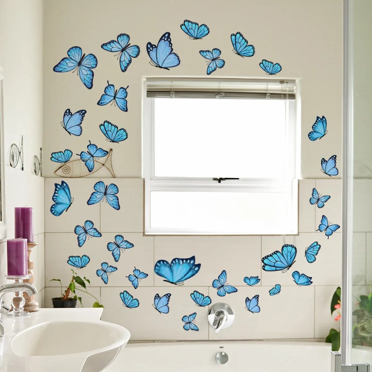 sticker mural decoratif papillon violet bleu effet aquarelle salle bain boheme adhesif nature